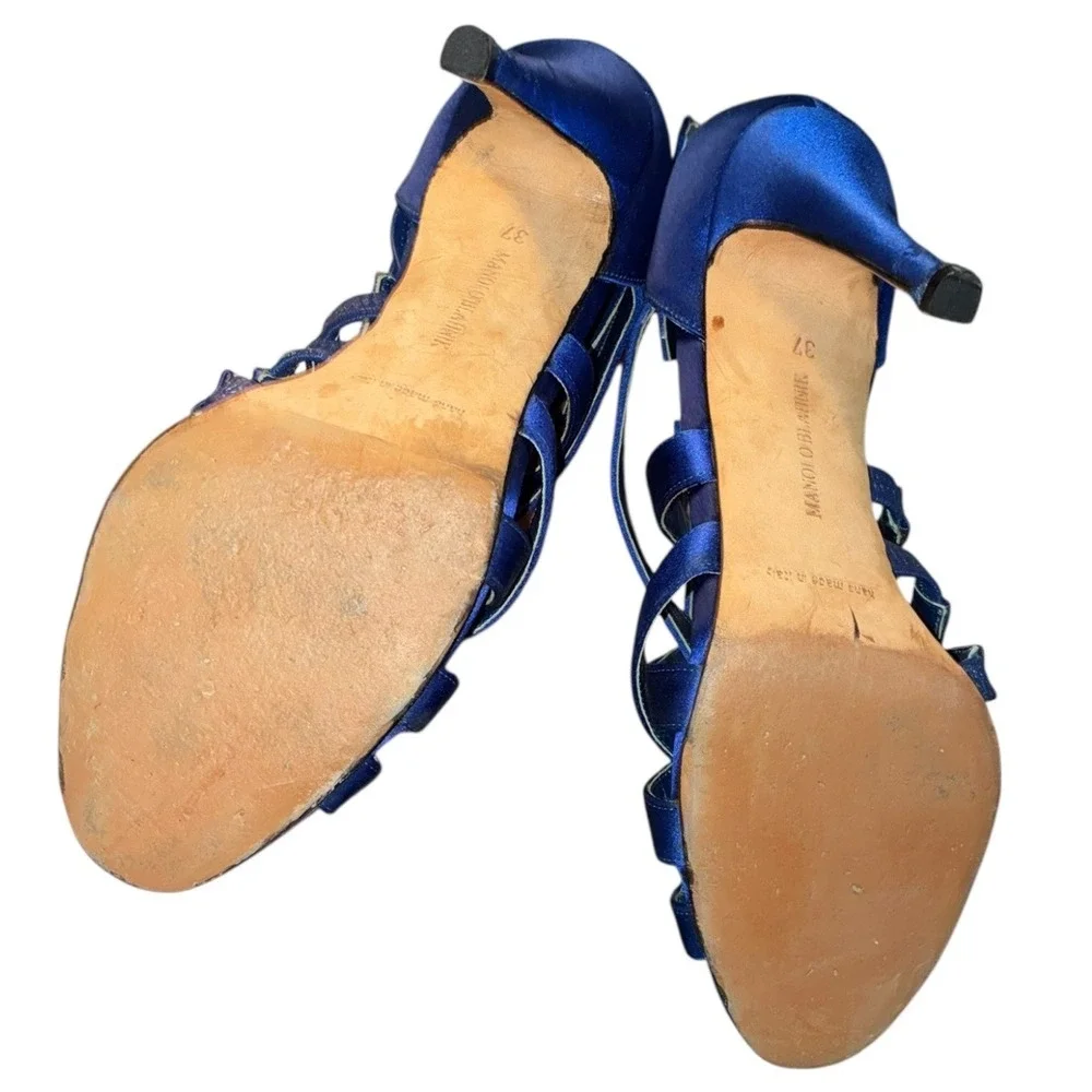 Manolo Blahnik Blue Satin Strappy Cage‎ Sandals Heels EU 37 Made in Italy